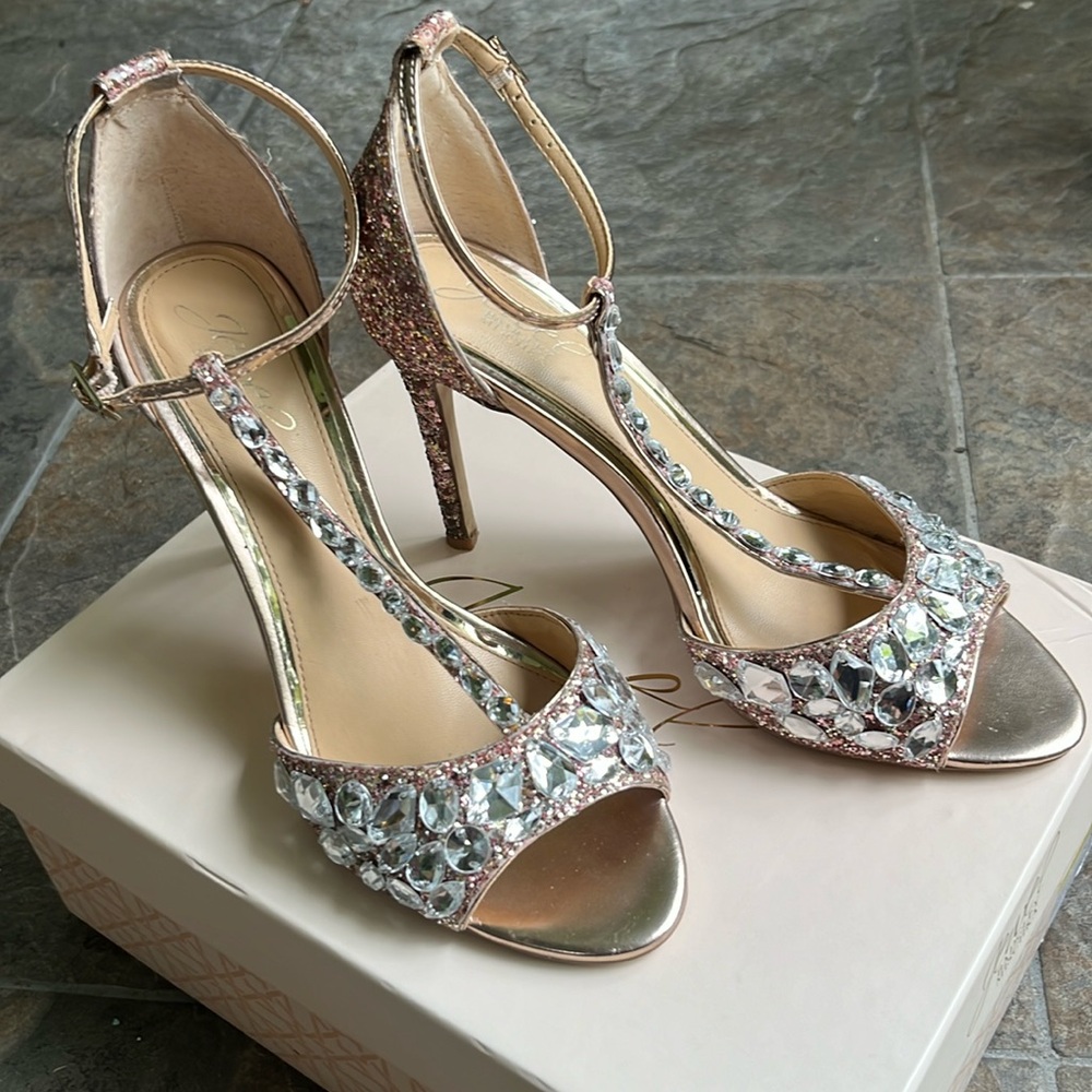Jewel Badgley Mischka Rose Glitter Metallic Evening Heels Stiletto Size 9